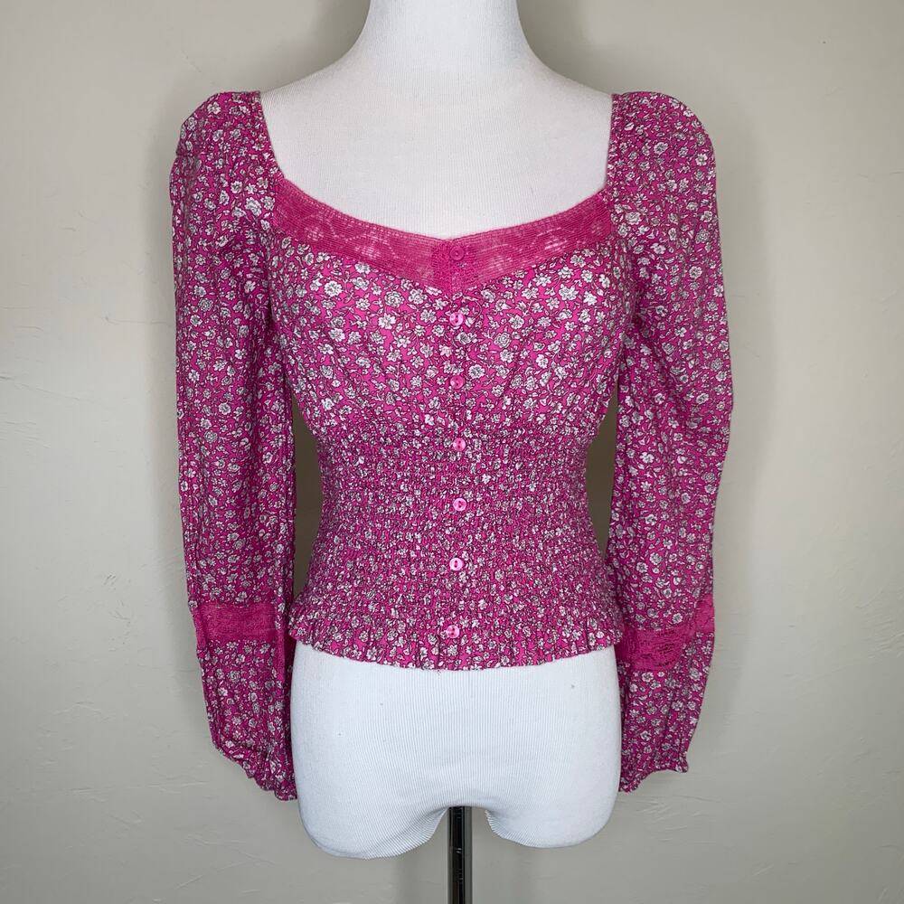 American Eagle Pink Crop Top Long Sleeve Fitted Sz XS